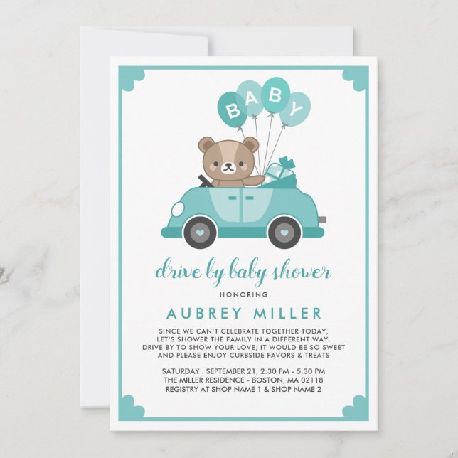 Cute Teal Teddy Bear Drive By Baby Shower Invitation (Front)