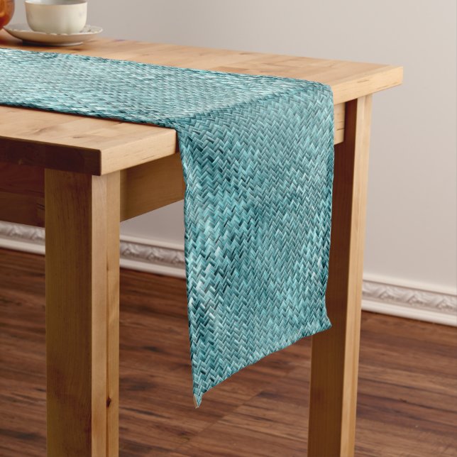 Cute Teal Turquoise Blue Faux Rattan Weave Pattern Medium Table Runner (In Situ)