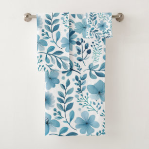 Cute Teal Turquoise Blue White Floral Pattern Bath Towel Set
