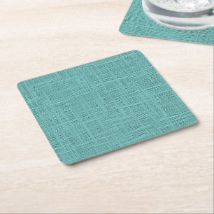 Cute Teal Turquoise Green Faux Jute Fabric Pattern Square Paper Coaster