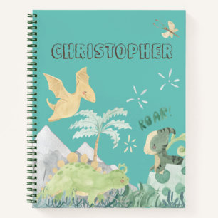 Cute Teal Watercolor Dinosaur Notebook