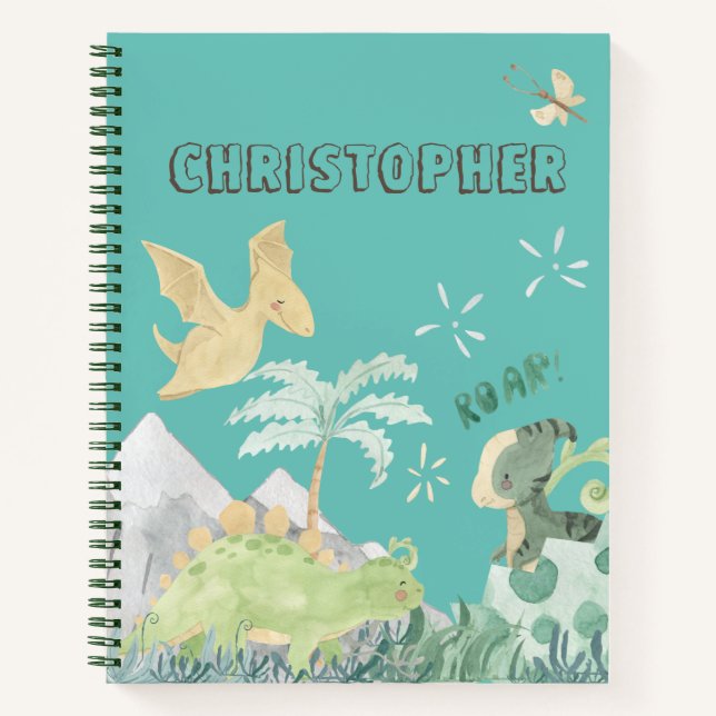 Cute Teal Watercolor Dinosaur Notebook (Front)