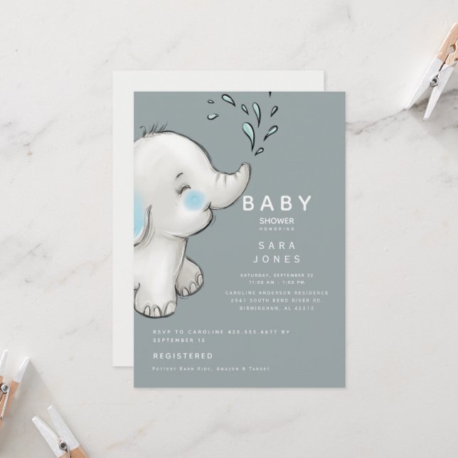 Cute Teal Watercolor Elephant Baby Shower  Invitation (Front/Back In Situ)