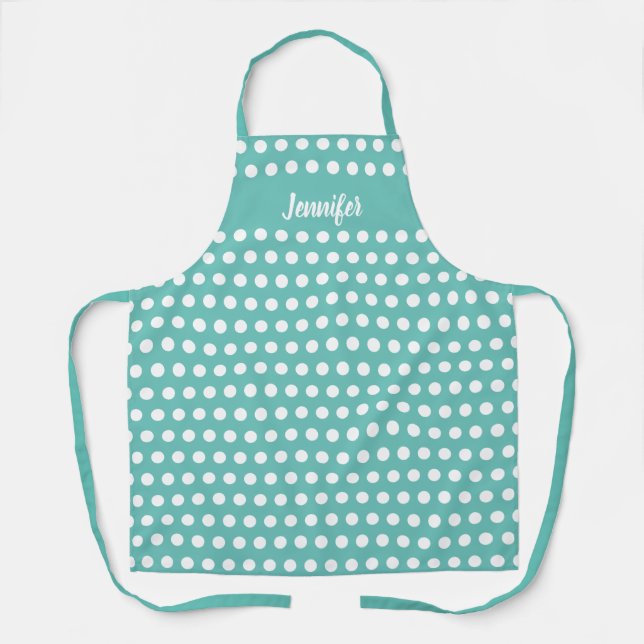 Cute Teal White Polka Dot Pattern Personalized Apron (Front)