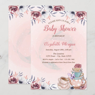 Cute Teapot Floral Tea Party Baby Shower  Invitation