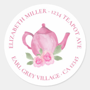 Cute Teapot Pink Watercolor Return Address Classic Round Sticker