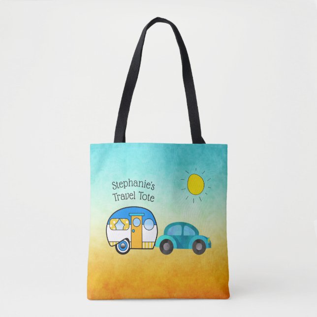 Cute Teardrop Camper Personalized Road Trip Tote Bag (Front)