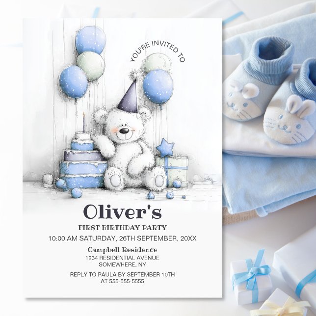 Cute Teddy Bear 1er Anniversaire Fête Invitation (Créateur téléchargé)