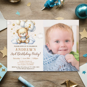 Cute Teddy Bear 2nd Birthday for Boy with photo Invitation