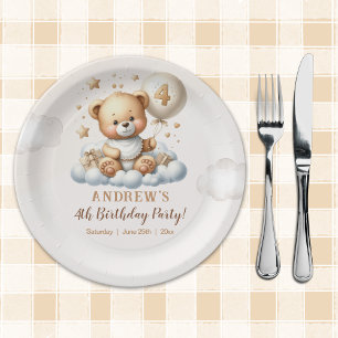 Cute Teddy Bear 4th Birthday Paper Plate