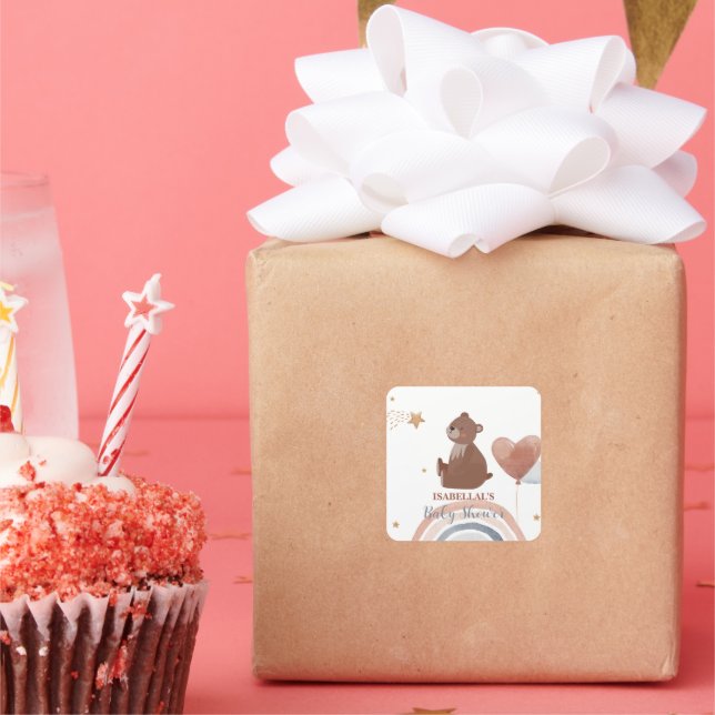 Cute teddy bear African american boys baby shower Square Sticker (Party)
