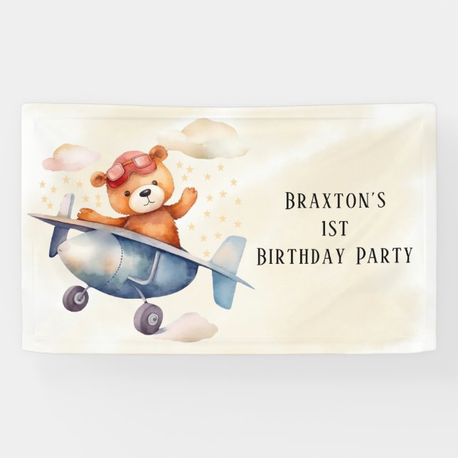 Cute Teddy Bear Airplane 1st Birthday Party  Banner (Horizontal)