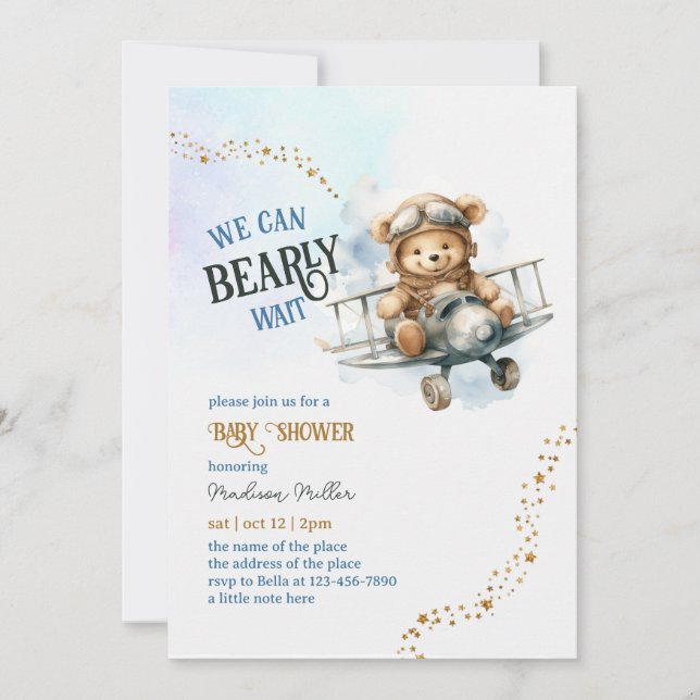  Cute Teddy Bear Airplane Baby Boy Shower Invitation (Front)