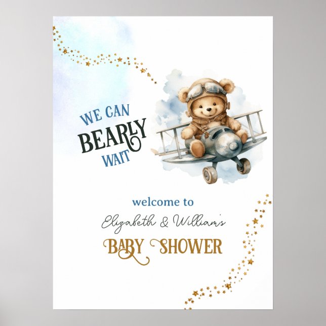  Cute Teddy Bear Airplane Baby Boy Shower Welcome Poster (Front)