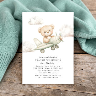 Cute Teddy Bear Airplane Watercolor Birthday  Invitation