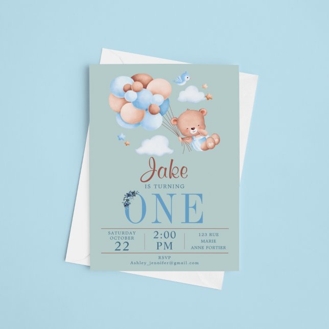 Cute Teddy bear And Balloon Baby Birthday Invitation (Creator Uploaded)