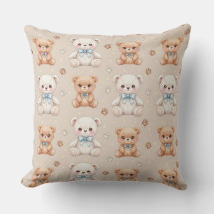 Cute Teddy Bear and Blue Bows Seamless Pattern Throw Pillow