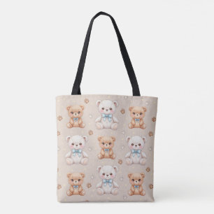 Cute Teddy Bear and Blue Bows Seamless Pattern Tote Bag
