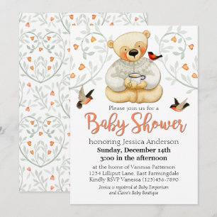 Cute Teddy Bear and Hearts Baby Shower Invitation