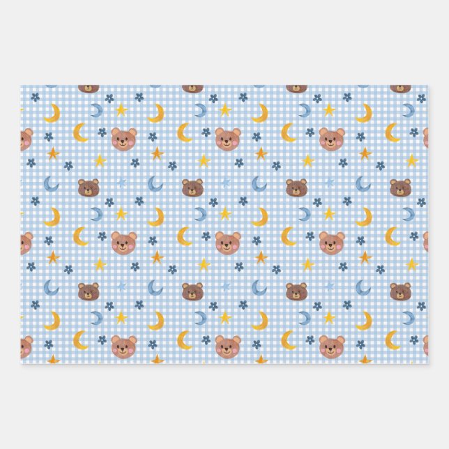 Cute Teddy Bear and Moon Pattern on Blue Wrapping Paper Sheet (Front)
