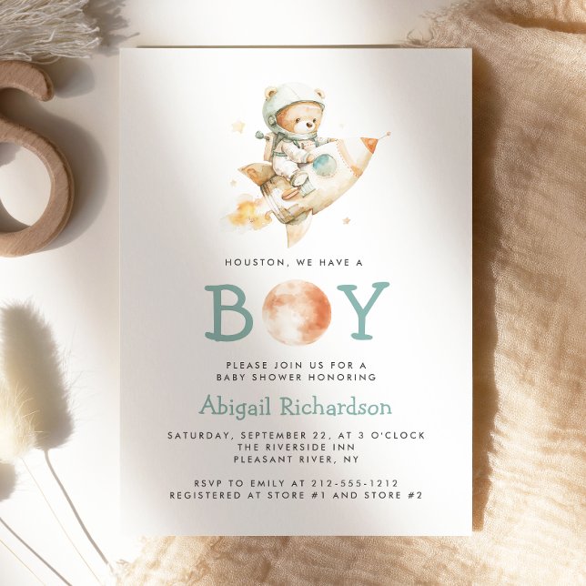 Cute Teddy Bear Astronaut Boy Baby Shower Invitation (Creator Uploaded)