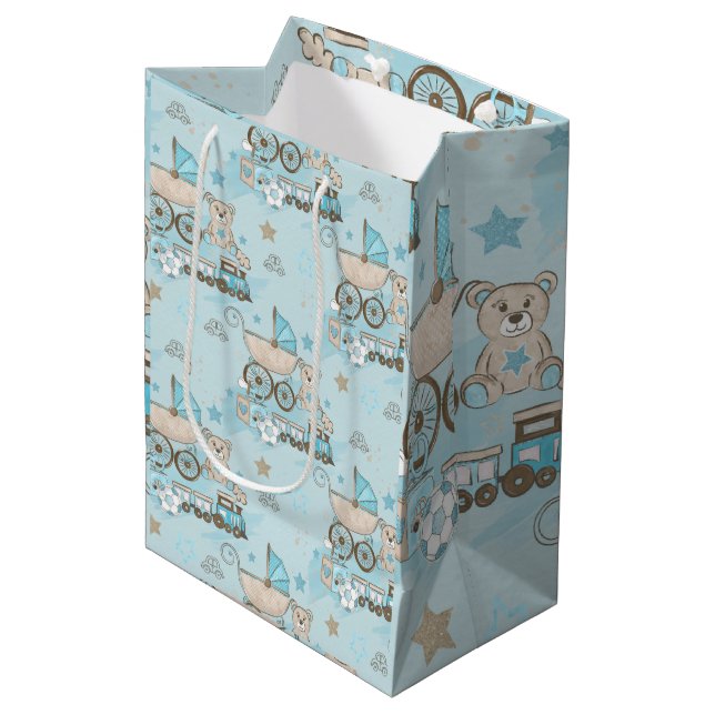 Cute teddy bear baby boy shower blue  medium gift bag (Front Angled)