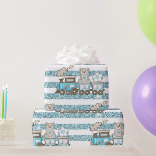 Cute teddy bear baby boy shower blue wrapping paper
