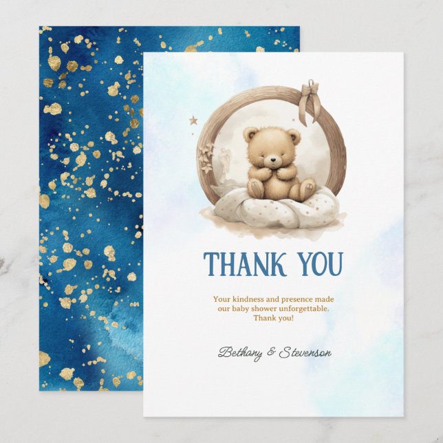 Cute Teddy Bear Baby Boy Shower Thank You Card (Front/Back)