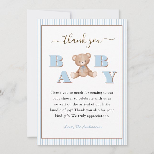 Cute Teddy Bear Baby Boy shower Thank you card (Front)
