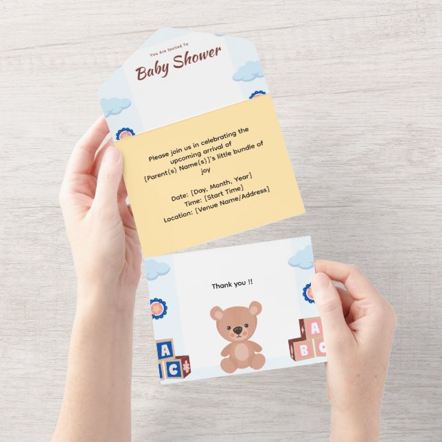 Cute Teddy Bear Baby Shower Invitation (Tearaway)