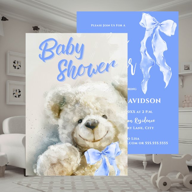 Cute Teddy Bear Baby Shower  Invitation (Baby Shower Cute Bear Blue Ribbon Invitation)