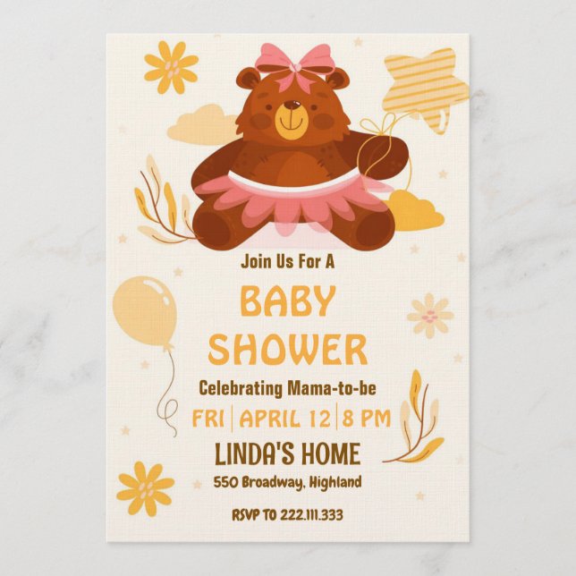 Cute Teddy Bear Baby Shower Invitation for Girl (Front)
