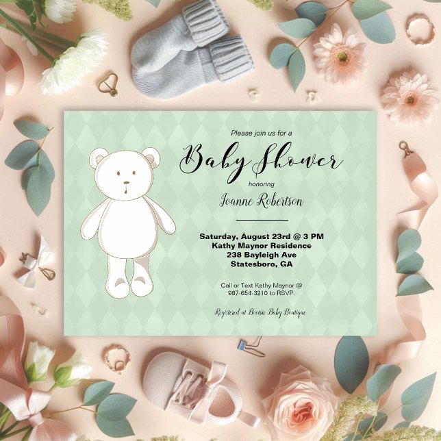 Cute Teddy Bear Baby Shower | Neutral Green Argyle (Creator Uploaded)