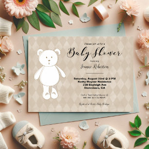 Cute Teddy Bear Baby Shower   Neutral Tan Argyle