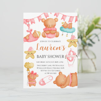 Cute Teddy Bear Baby Shower Pink Girl  Invitation