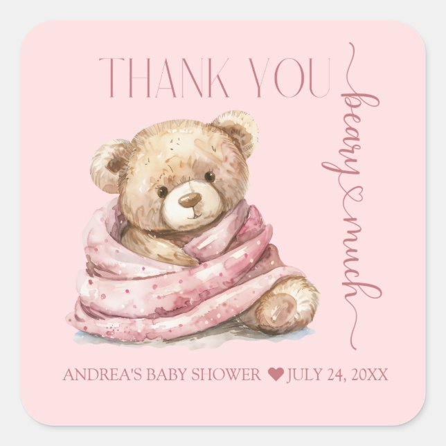 Cute Teddy Bear Baby Shower Thank You Square Sticker (Front)