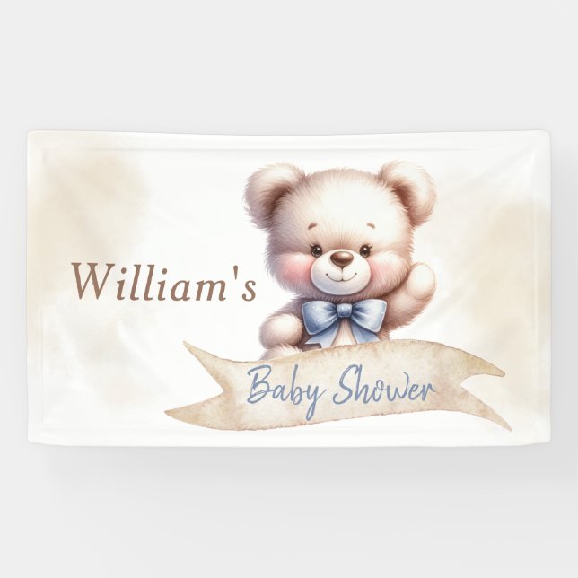 Cute Teddy Bear Baby Shower Watercolor Rustic Banner (Horizontal)