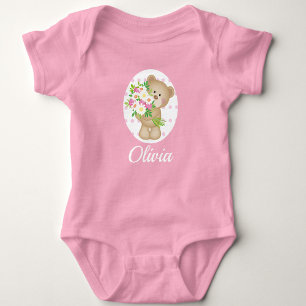 Cute Teddy Bear Baby's Name Gift in Pink Baby Bodysuit