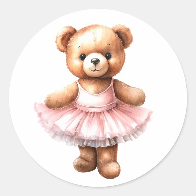 Cute teddy bear ballerina dancing ballet classic round sticker (Front)