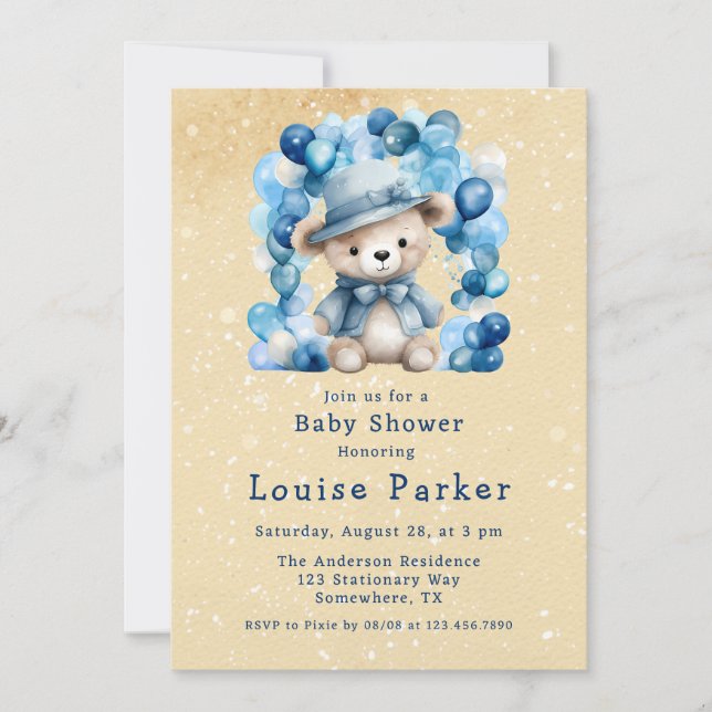 Cute Teddy Bear Balloon Arch Boy Baby Shower  Invitation (Front)