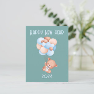 Cute Teddy Bear Balloon New Year Grey Green Postcard