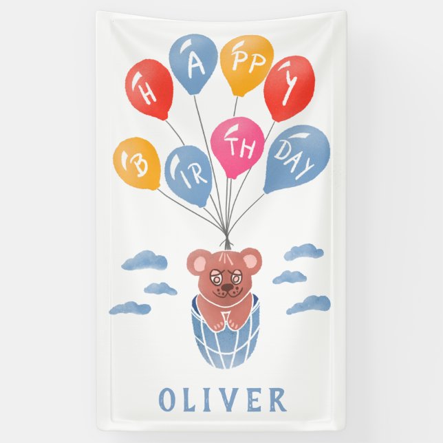 Cute Teddy Bear Balloons Boy Birthday Party Banner (Vertical)
