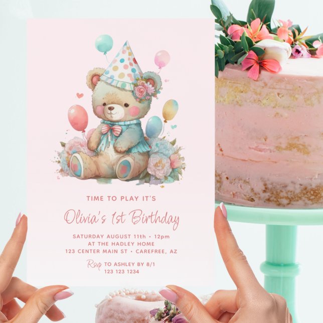 Cute Teddy Bear Balloons Pink 1st Birthday Invitation (Creator Uploaded)