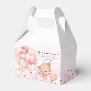Cute Teddy Bear & Balloons Pink Girl Baptism Favor Box