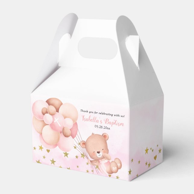 Cute Teddy Bear & Balloons Pink Girl Baptism Favor Box (Front Side)
