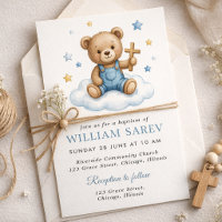 Cute Teddy Bear Baptism Design with Blue Stars