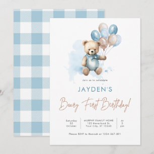 Cute Teddy Bear Beary First Birthday Blue Balloon Invitation