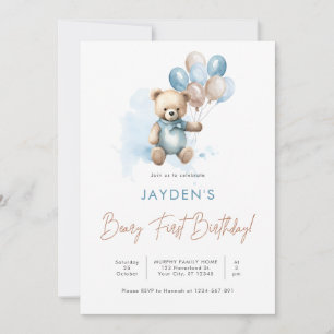 Cute Teddy Bear Beary First Birthday Blue Balloon Invitation