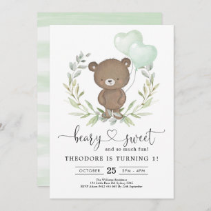Cute Teddy Bear Birthday Boy Greenery Balloons Invitation