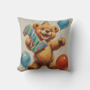 Cute Teddy Bear Birthday Celebration Throw Pillow